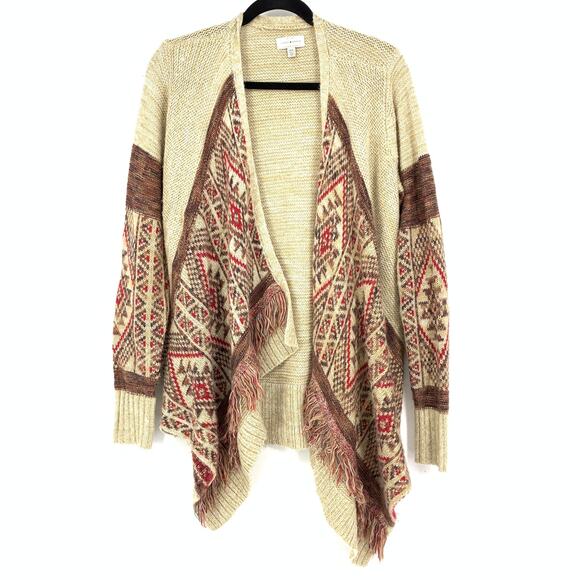 Lucky Brand Women's Size Medium Waterfall Front Cardigan Sweater Beige Red Print - Picture 1 of 6